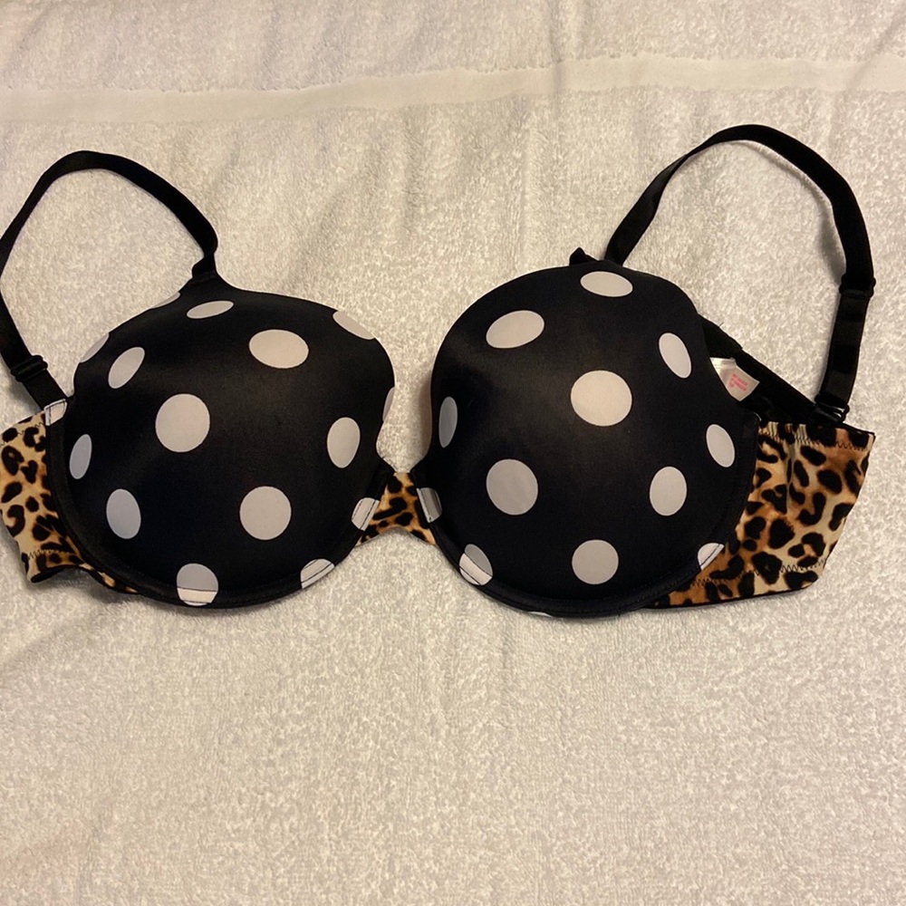 PINK. Size 36DD bra. Black with white polka dots and animal print sides
